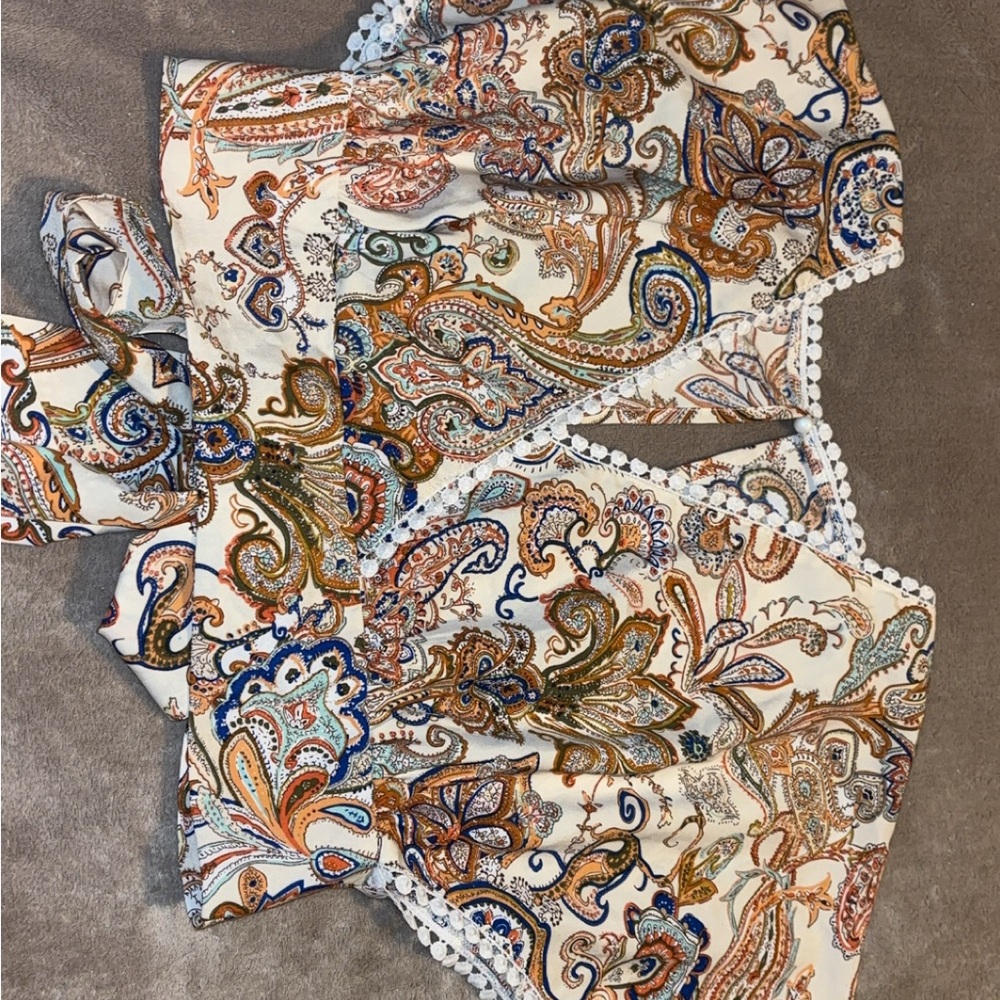 Paisley Print Blouse with Lace Trim